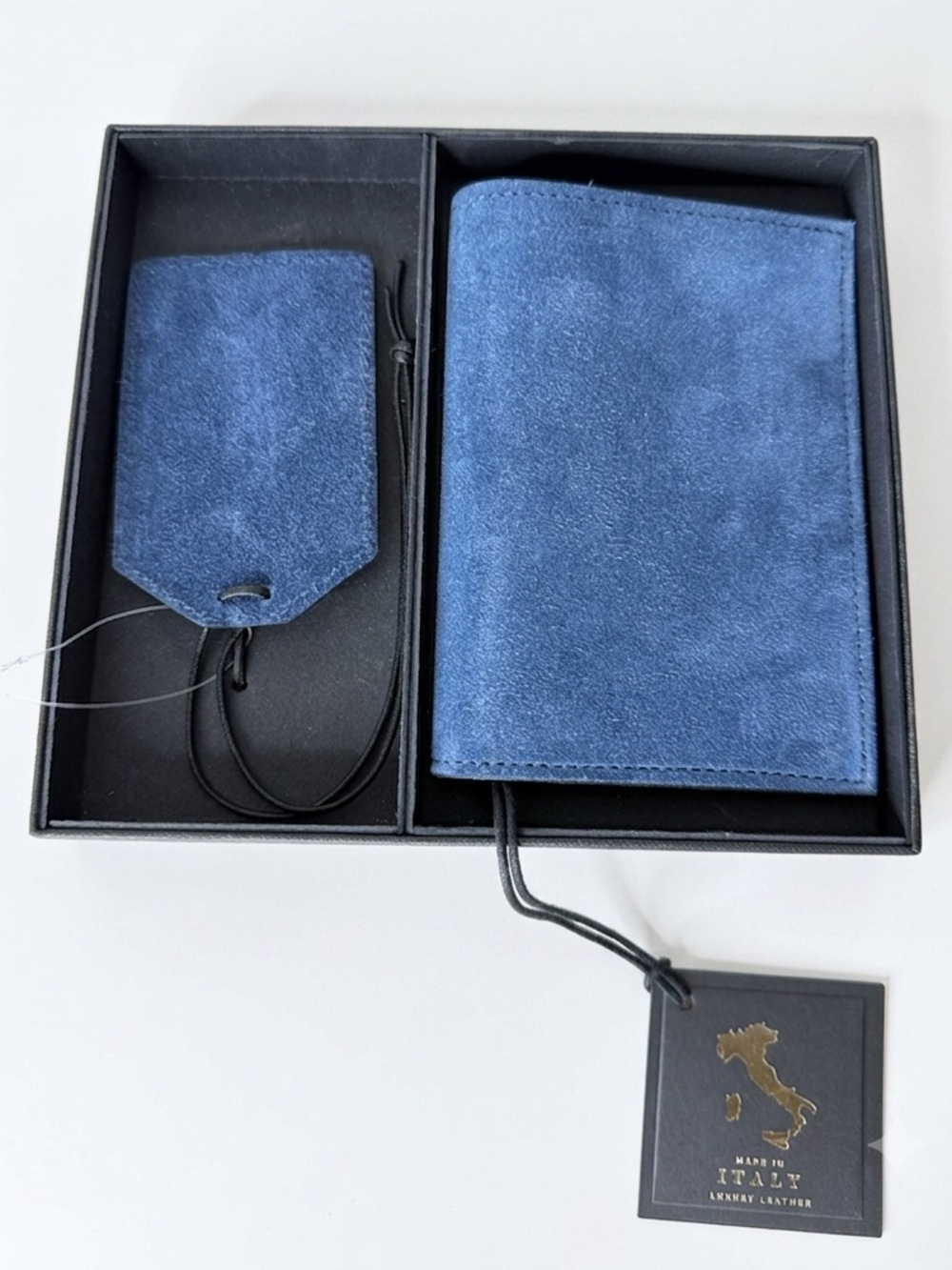 D’AUTORE New Blue Suede Travel Wallet Set Passport Bag Tag Made In Italy